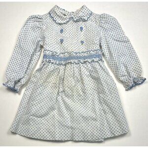 VTG 1950s MATY 24mos? Cotton L/S Embroidered DRESS Blue Dot Cottagecore *Flaws*